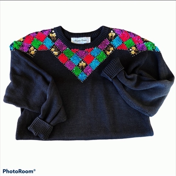 BONNIE EVANS Vintage 80’s Black Sequin Sweater Size M - Picture 6 of 8